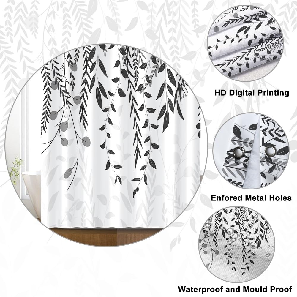 Duschvorhang Grau, Duschvorhang Eukalyptus Blätter Motiv Pflanzen Duschvorhänge Anti Schimmel Wasserdicht Polyester Stoff Waschbar Bad Vorhang mit 8 Haken für Badezimmer Badewanne 120x180cm