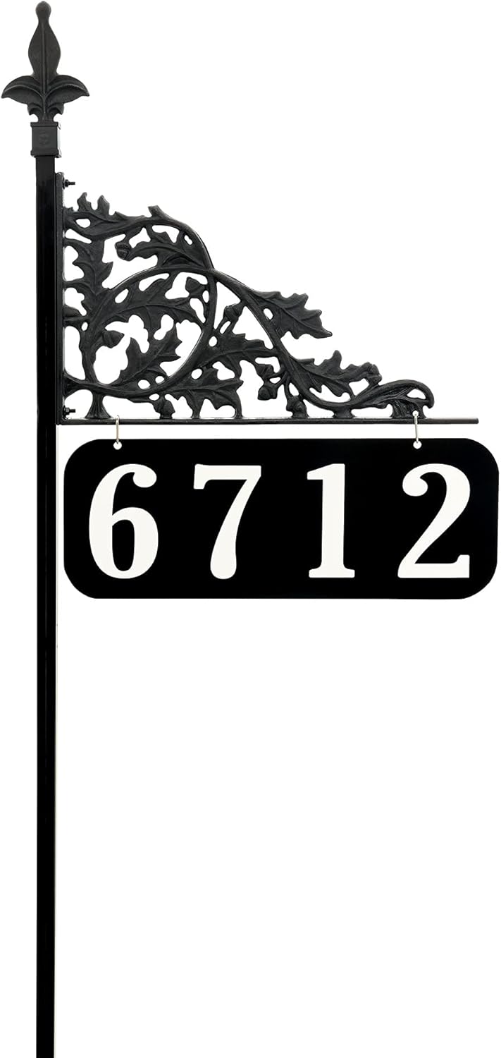 Address America Custom Oak Leaf Design Reflective Address Sign with 47" Pole - Handcrafted in USA - Ready to Install Unique Yard Sign with Ultra-Reflective House Numbers - AS