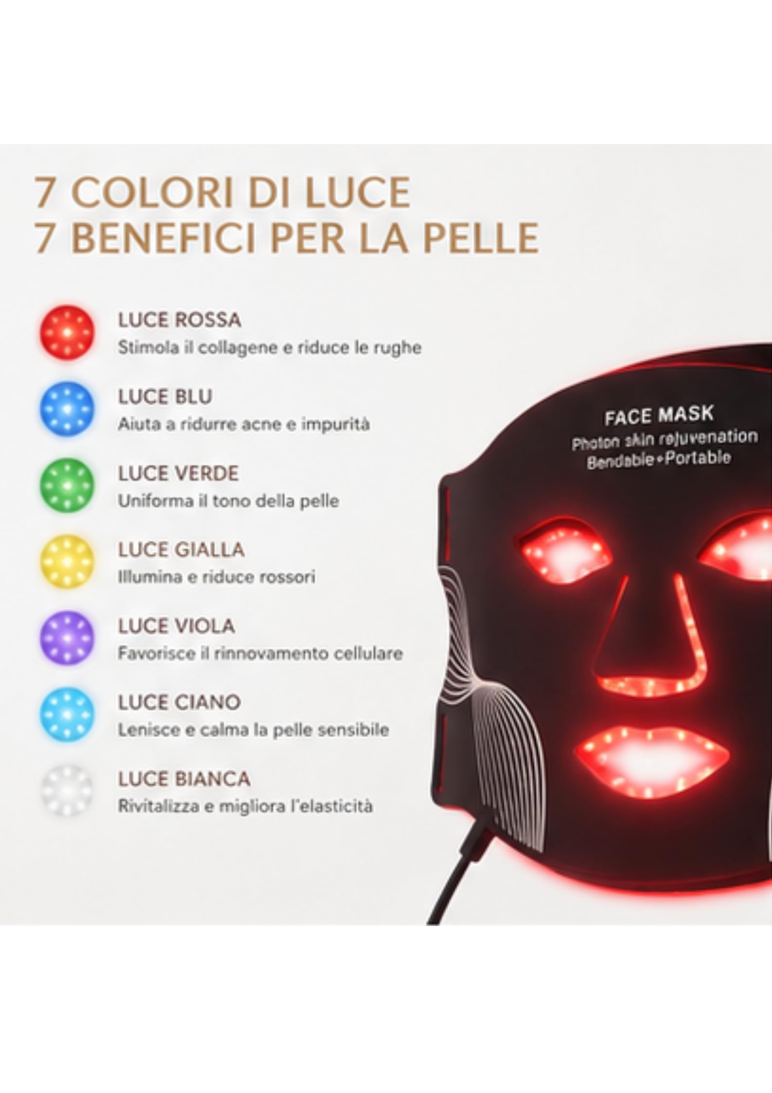 LED Mask – Maschera Led 7 colori - Ringiovanimento della pelle, Rimozione delle rughe, stimolazione del collagene