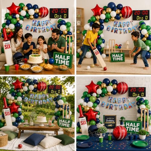 Image of Cricket Theme Birthday Decoration Kit for Boys with Balloon, Happy Birthday Banner, Bat Foil Balloon, Cricket Ball Foils, Scoreboard Props & Party Decor Set.