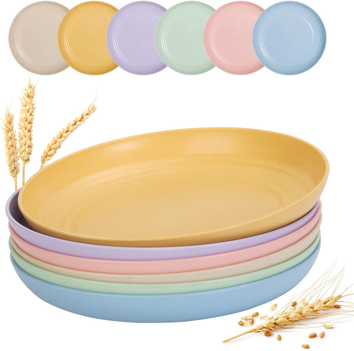 12 PACK 9 Inch Lightweight Wheat Straw Plates, Unbreakable Deep Kids Pates, Plastic Plates Reusable, Dinnerware Sets Gifts, Microwave & Dishwasher Safe, Camping Kitchen Party Use, BPA Free,6 Colors