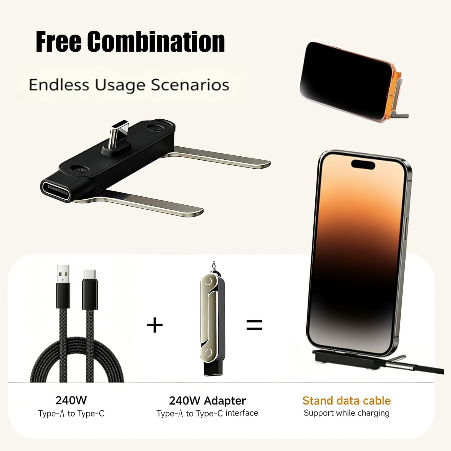 Cavo di ricarica rapida da USB A a tipo C da 60 W con supporto pieghevole per telefono, cavo di ricarica in nylon intrecciato da 1 m, 480 Mbps, sincronizzazione dati USB-C cavo di ricarica per