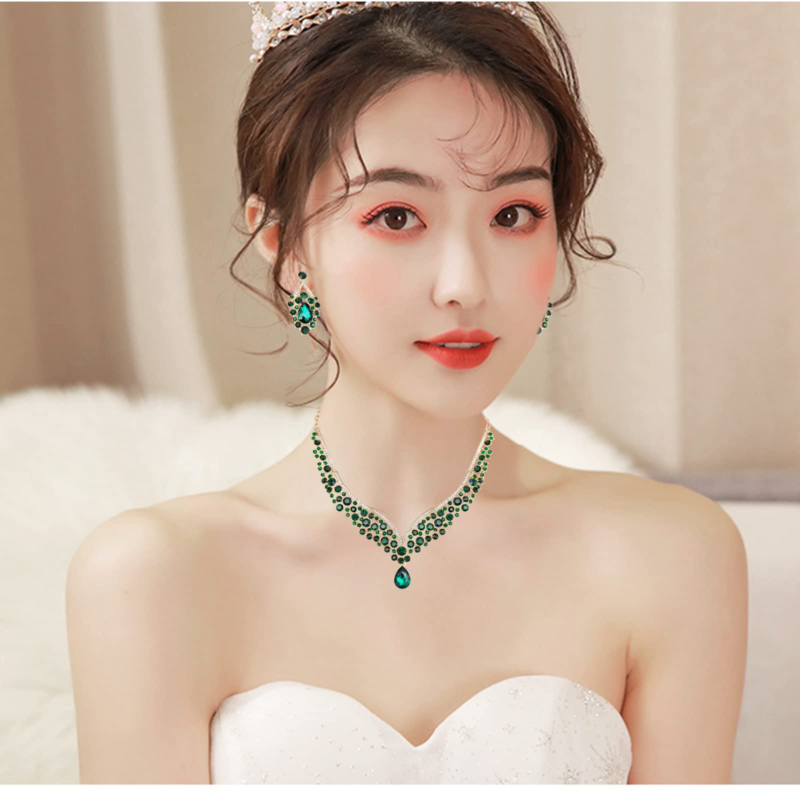 Conjunto de collar y pendientes para mujer, conjunto de pulseras de eslabones para novia, cristal austriaco, boda, disfraz de novia, conjunto de joyas, Metal, cristal Diamantes de imitación