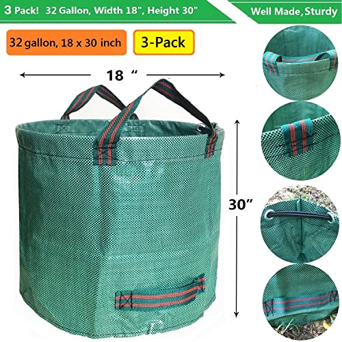 Standard 3-Pack 32 Gallons Garden Yard Bags (D18, H30 Inches) With Coated Gardening Gloves Reusable Leaf Bags Standable Gardening Plant Trimming Bags Trash Containers Lawn Yard Waste Bags 4 Handles #TOP3