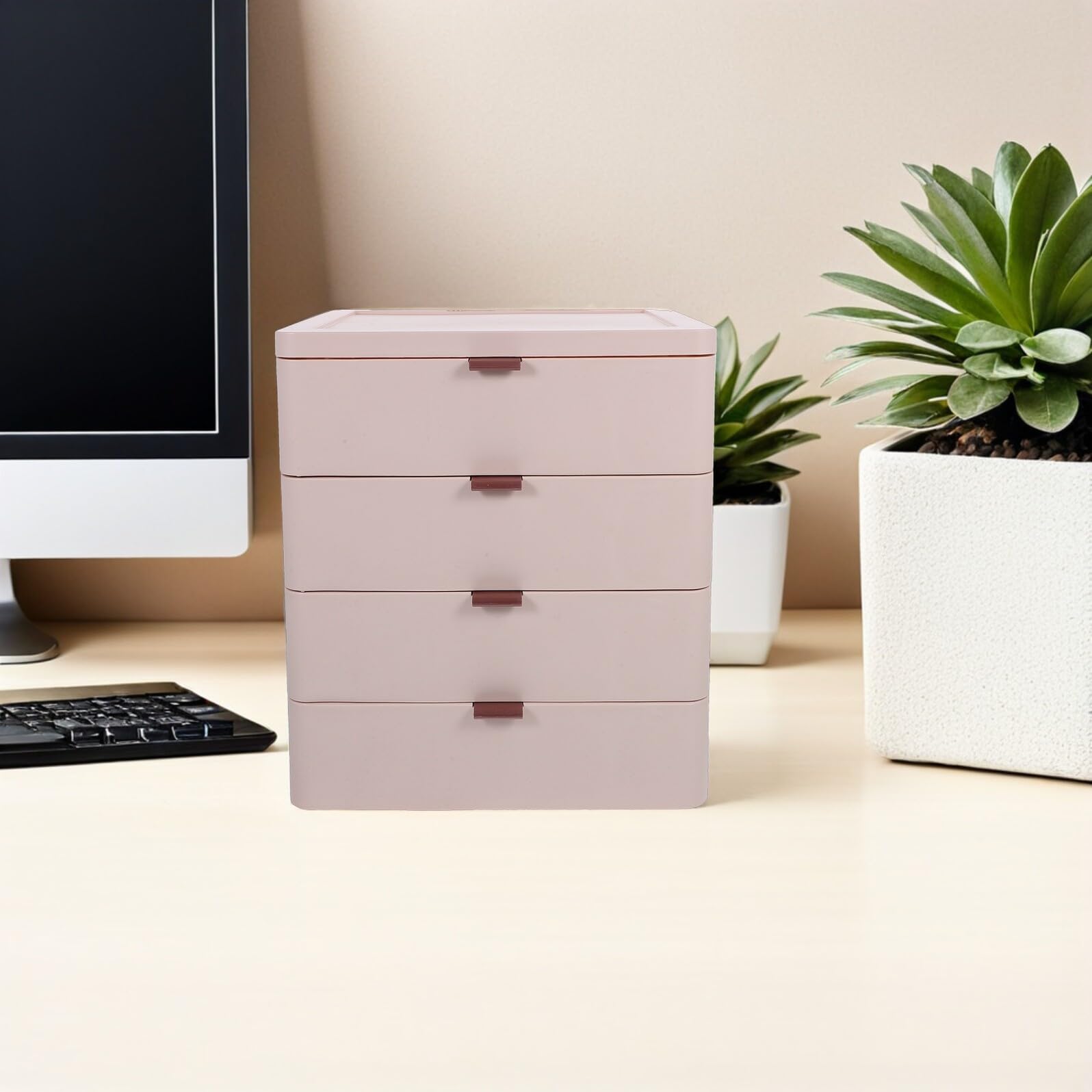 POPETPOP Organizzatore da Scrivania con Cassetti Trasparenti in Plastica PP Cassettiera Multistrato a 4 Livelli per Trucchi Portaoggetti Compatto per Ufficio Studio e Mobiletto Bagno