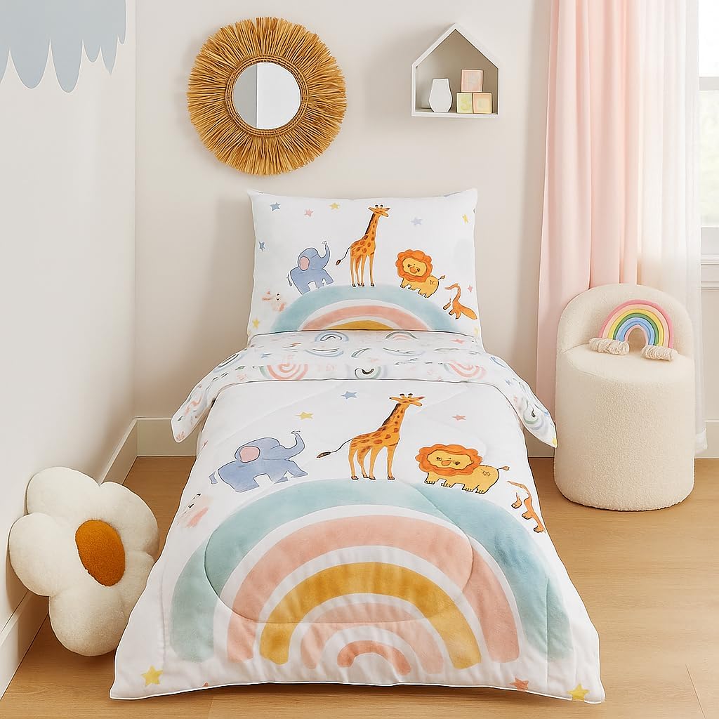 Toddler Bedding Set, 4 Pieces Toddler Comforter Set for Girls Boys Kids, Ultra Soft Toddler Bed Sheets Set in a Bag, Includes Comforter, Fitted Sheet, Flat Sheet, Pillowcase, Rainbow Animal