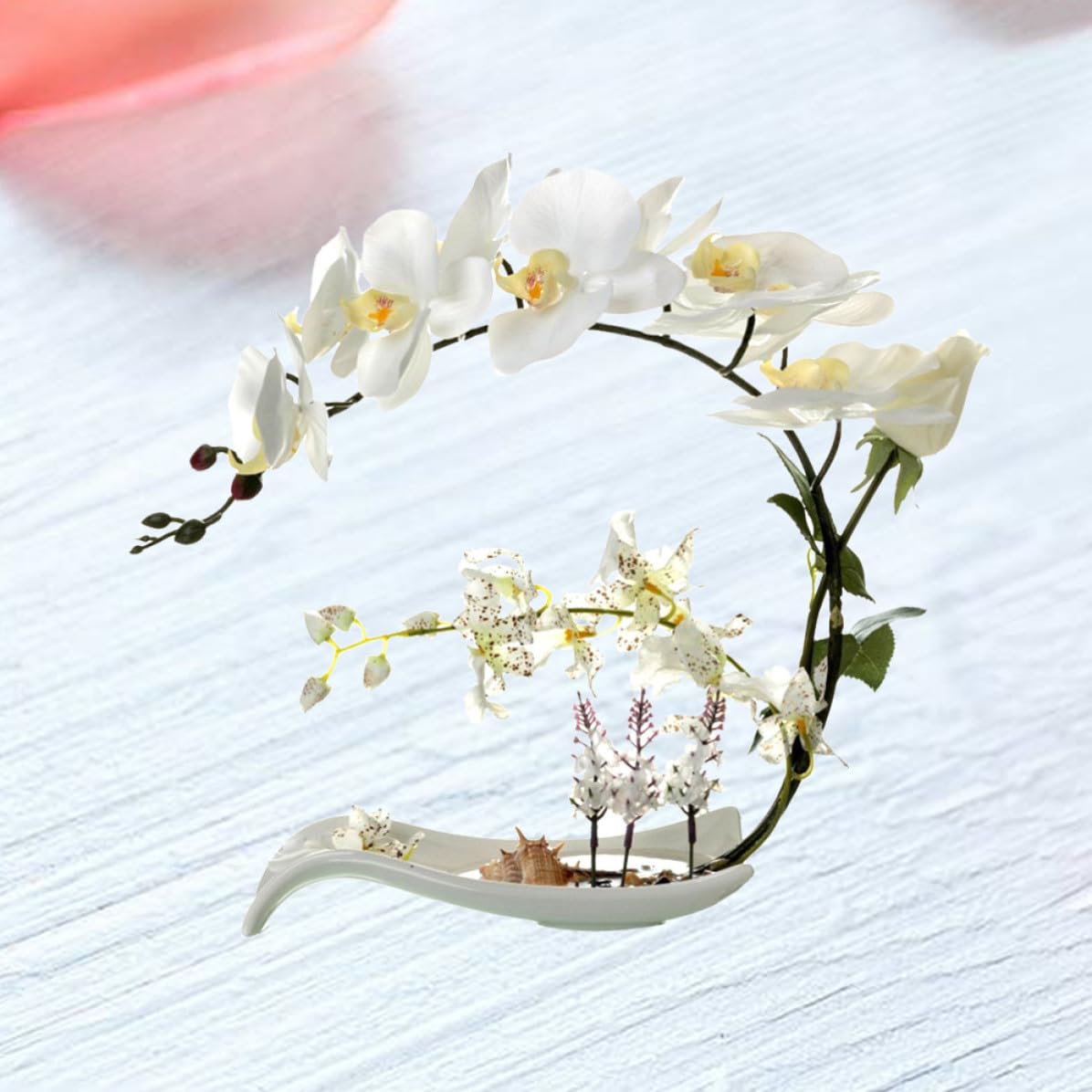 Orchidée Phalaenopsis Artificielle en Pot, Fleur Soie Blanche Décorative