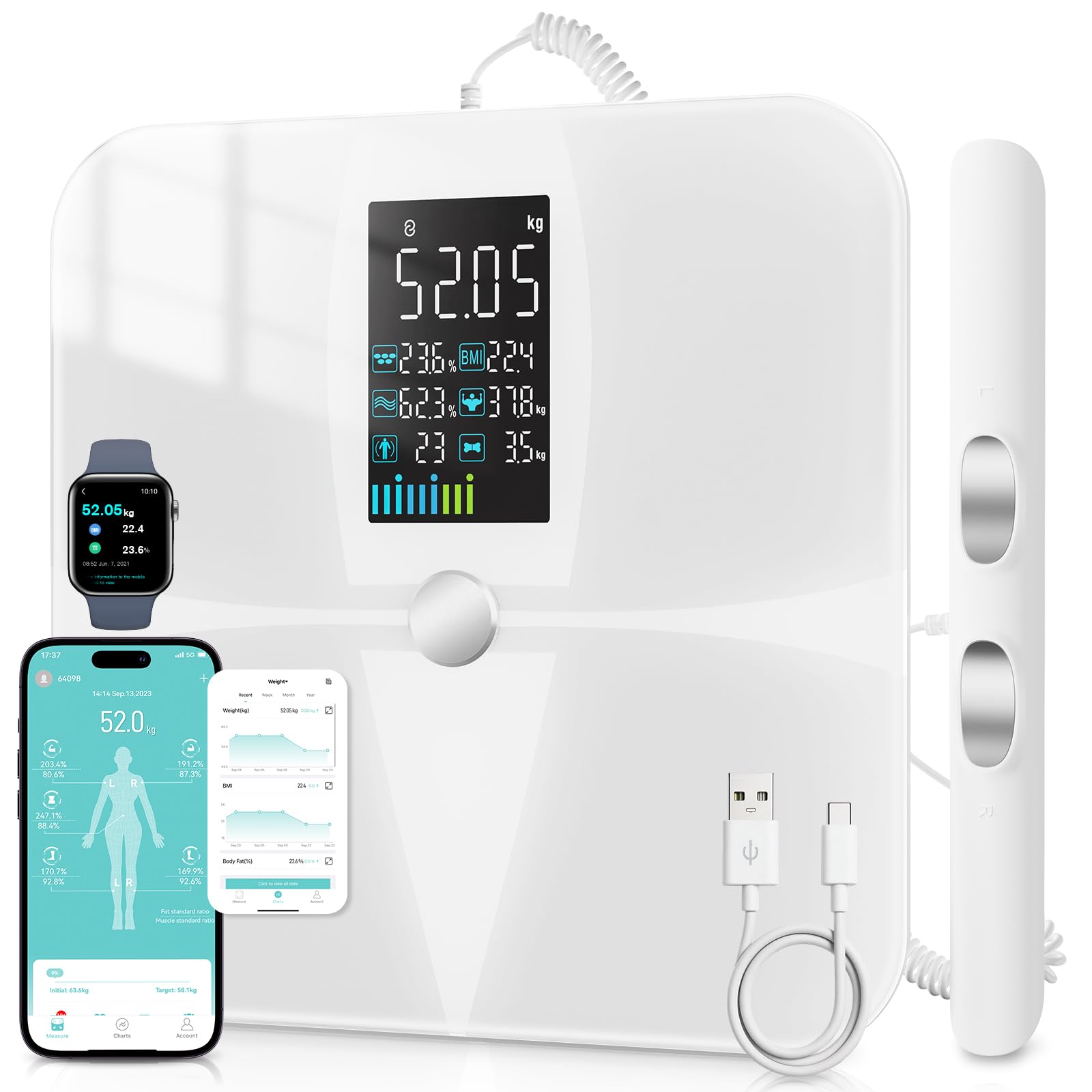 Bilancia Pesapersone Digitale 8 Sensori, Bilancia Impedenziometrica P1 | Ricaricabile, Smart Bilancia Massa Magra e Grassa 20 Indici, Bilancia Impedenziometrica Professionale con App, Bianco