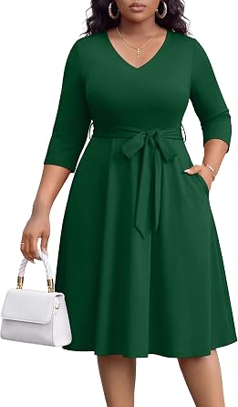 FANDEE Plus Size Midi Dresses for Women - A Line Church Dress V Neck 3/4 Sleeve Wedding Guest Cocktail with PocketsXL-5XL