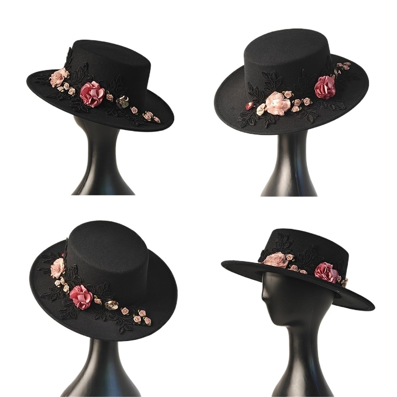 Bombetta Donna Cappello Fedora da Sposa Fiore Autunno Inverno | Cappello a bombetta da chiesa a tesa larga nero da donna con parte superiore piatta Chapeau Femme
