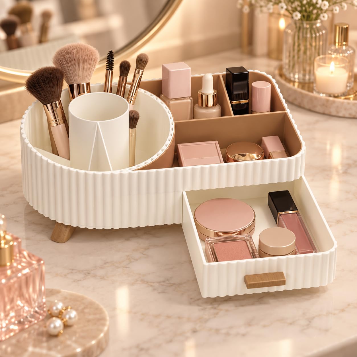 Bellatonni Organizador de Maquillaje Giratorio Beige con Cajón