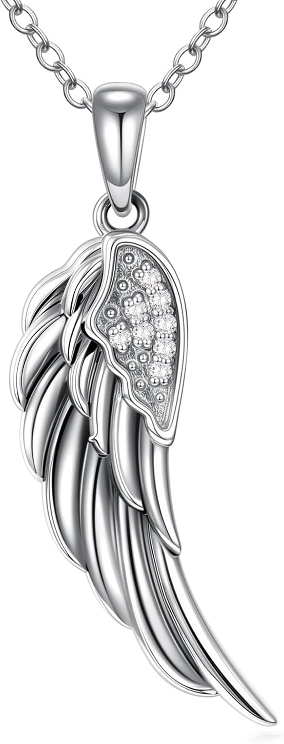 Angel Wing Necklace 925 Sterling Silver Guardian Angel Necklace Wing Diamond Pendant 18+2", Charm Angel Wing Jewelry for Women