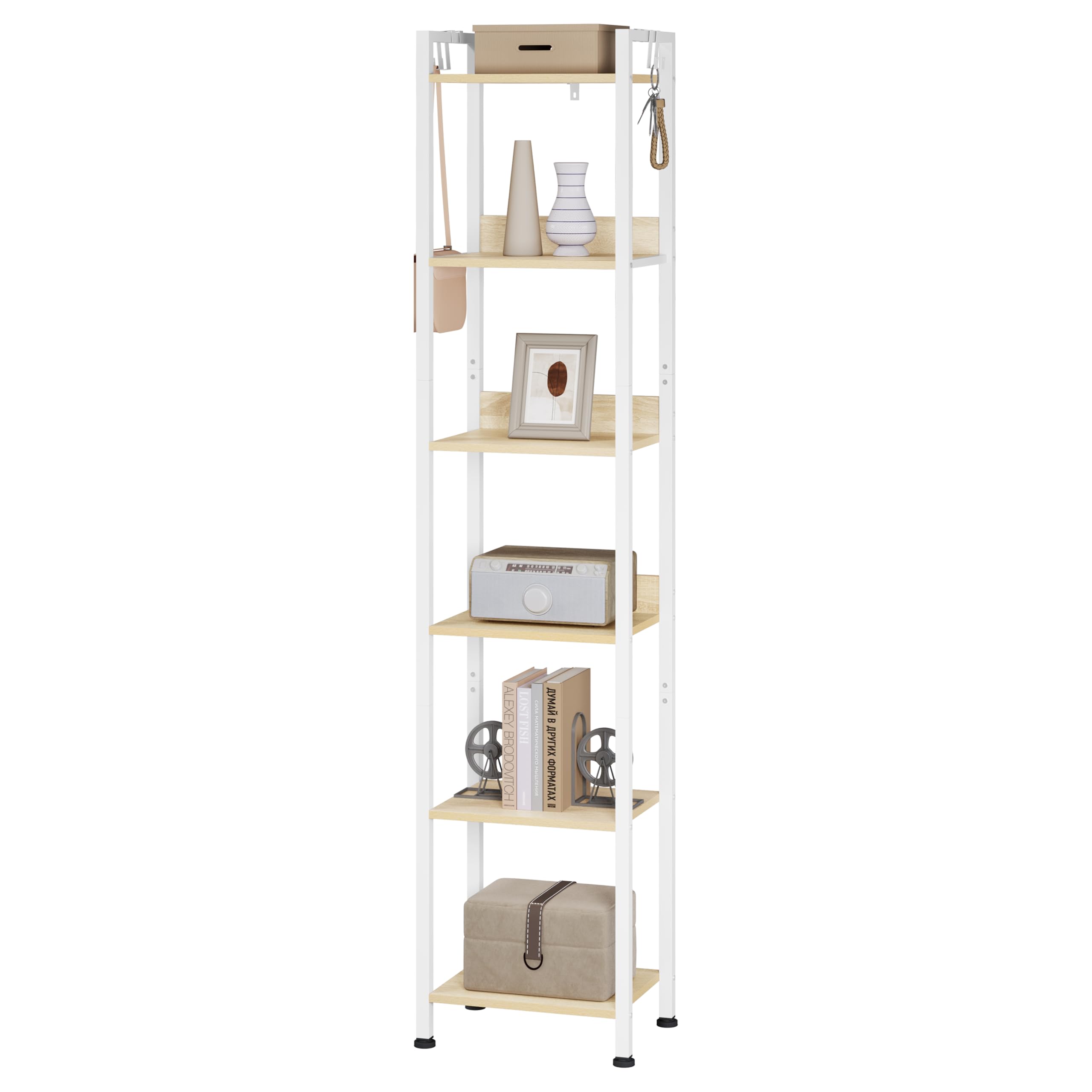 WOLTU Escalera Estantería Blanco de Estilo Industrial, Estantería Almacenaje de Madera y Metal con 4 Ganchos Extraíbles, Librería de 6 Niveles para Salón, 40x30x187cm RGB31whe