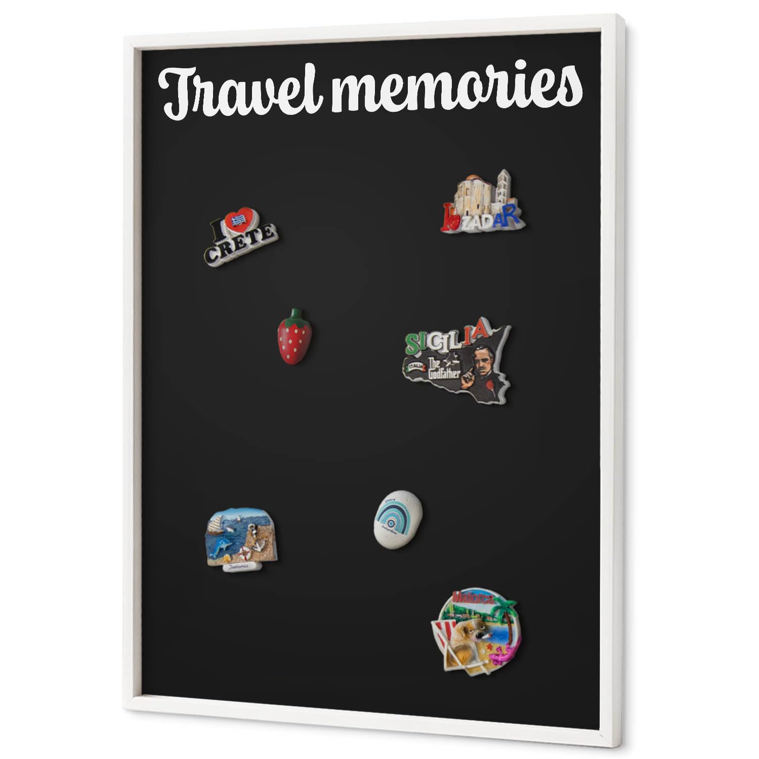Panel Magnético 70x100 cm | con Marco Blanco | Travel Memories | Montaje Fácil | Organizador de Pared | Para Recuerdos de Vacaciones | Expositor de Imanes de Nevera y Postales | Para Cocina