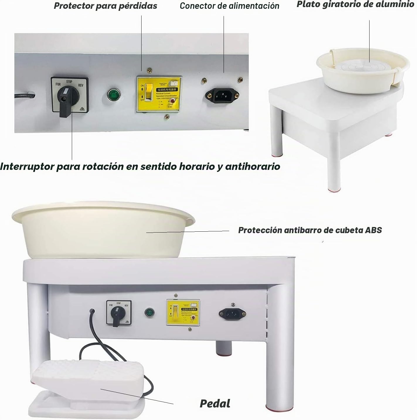 NArra Rueda de cerámica eléctrica de 25 cm, 350 W, para adultos, principiantes, artesanía de cerámica con pedal y patas para clases escolares, barra de alfarero, uso doméstico