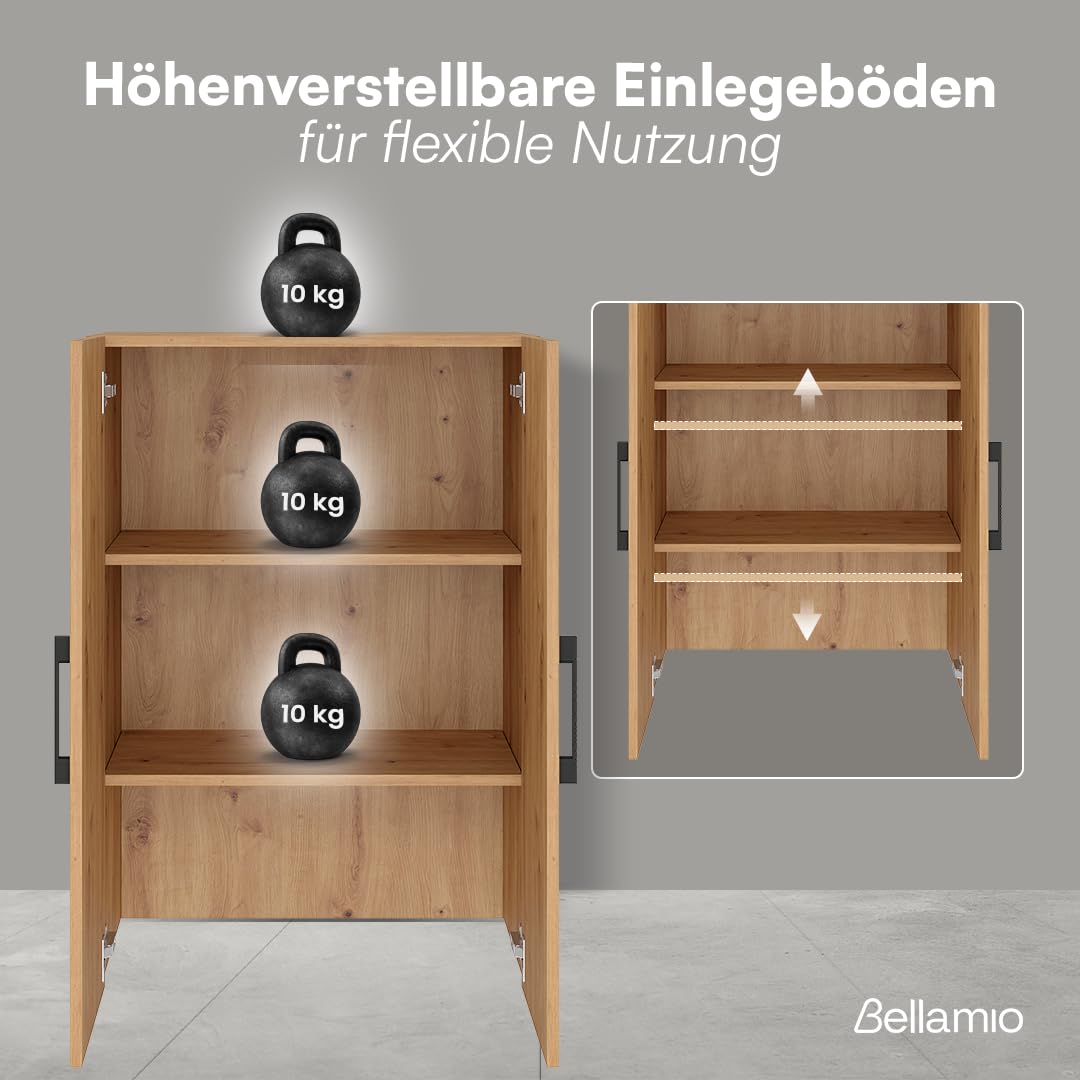 Bellamio Apol Büroschrank 60 cm, mit 3 Fächern, Eichenoptik | Aktenschrank aus Holz, kleines Bücherregal mit 2 Türen für Flur/Wohnzimmer/Büro, Aufbewahrungsschrank