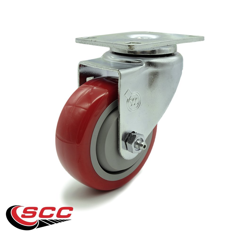 Polyurethane Swivel Top Plate Swivel Caster with 3.5 Inch Red Wheel - 300 lbs. Capacity Per Caster - Service Caster Brand