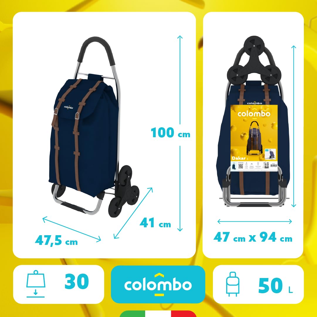 COLOMBO Dakar 3 Carrello spesa 50L con sacca impermeabile in poliestere, struttura in acciaio, 3 ruote per scale e tutti i terreni, portata 30 kg, leggero e pieghevole, ideale supermercato e mercato