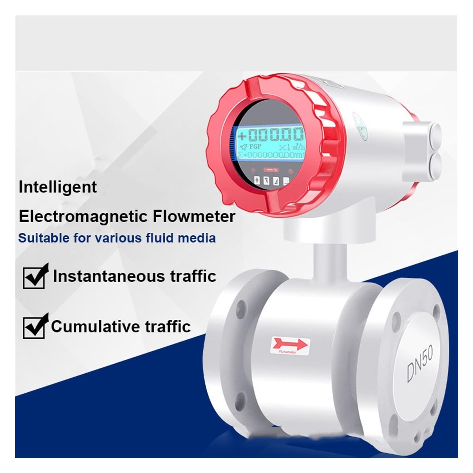 Caudalímetro electromagnético inteligente con pantalla digital, sensor de caudal for tuberías de agua líquida y aguas residuales DN10-100 Medición y respuesta rápidas(DN100)