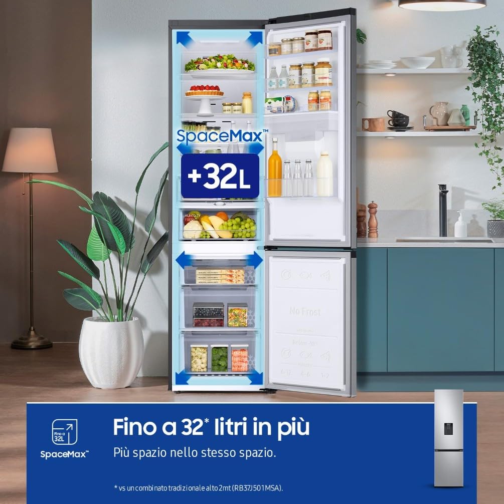 Samsung Frigorifero Combinato EcoFlex AI RB38C634DSA/EF con Dispenser dell'Acqua, WiFi, SpaceMax, Total No Frost, Motore Digital Inverter Garantito 20 Anni, 386 L, LxAxP: 59,5x203x65,8 cm, Silver Inox