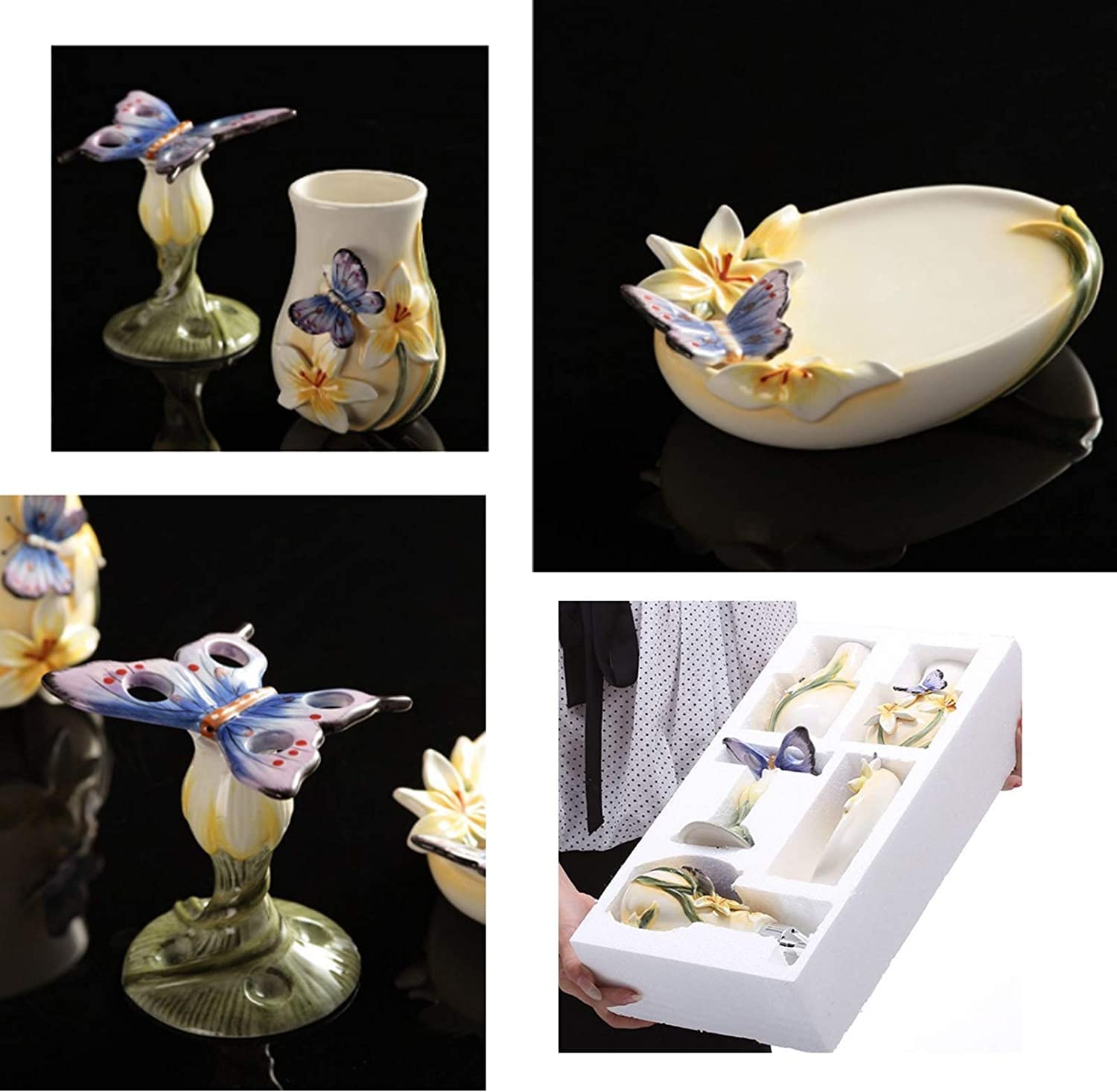Badezimmer Set Dreidimensionales Relief-Badezimmer-Accessoires-Set 5-teiliges Keramik-Badezubehör-Schmetterlingsmuster-Set Dekoration Organizer