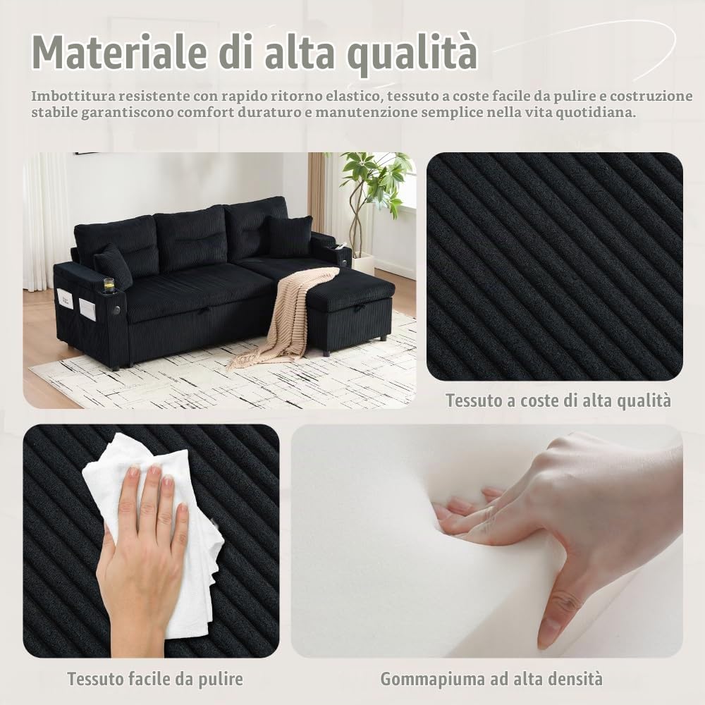 Lubvtti Divano letto 3 posti con portabicchieri,porte USB,contenitore integrato, divano 3 posti moderno in velluto a coste,divano angolare a L con chaise longue (Nero + 3 posti)