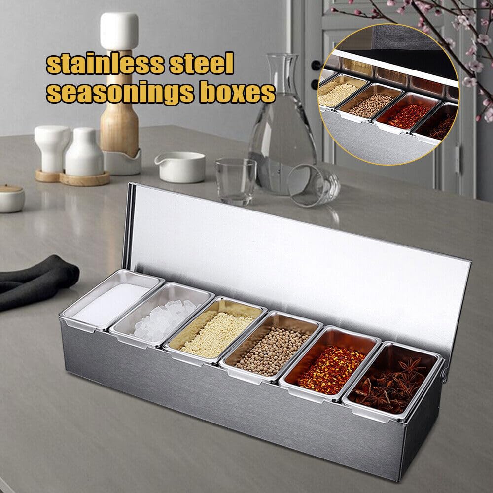 Contenitore per ingredienti in acciaio inox, 6 inserti, in acciaio inox, capacità con coperture, contenitore per spezie, utensili da cucina, 45,5 x 15 x 9 cm