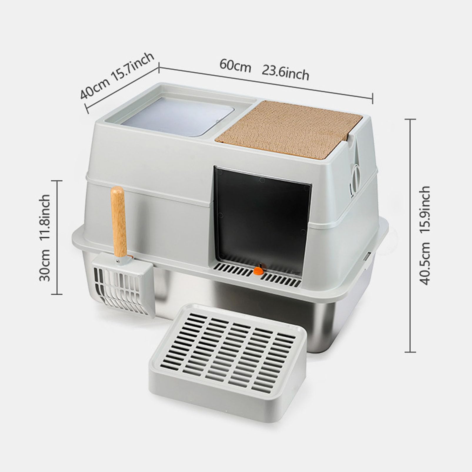 Arenero para Gatos de Acero Inoxidable XXL Caja de Arena para Gatos Grandes Arenero con Tapa Laterales Altos, Bandeja de Arena Cerrada de Metal con Pala y Rascador