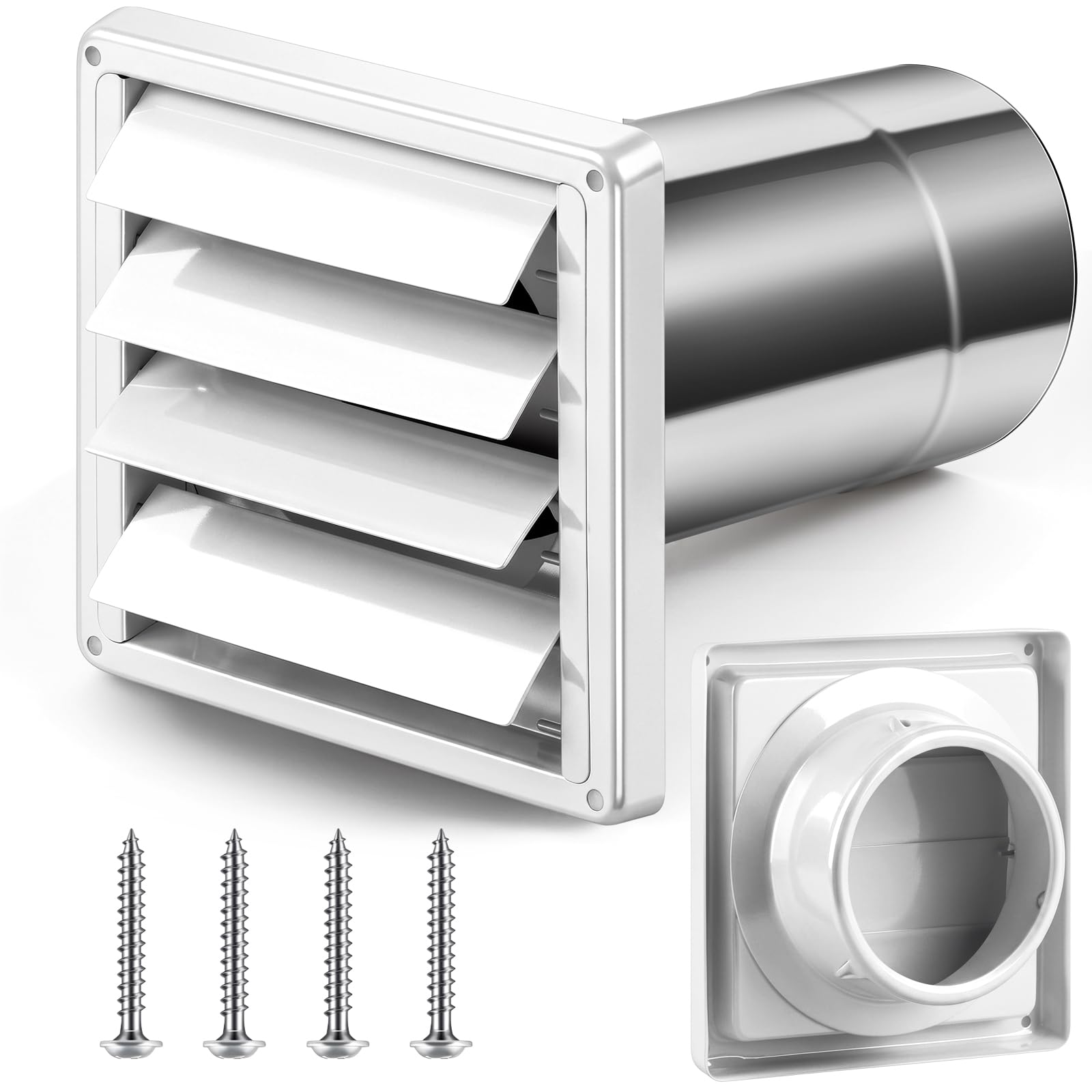 Shimeyao 4" Wall Vent Cover Stainless Steel Outside Dryer Vent Covers for House Exhaust Duct Kit with Removable Extension Pipe 8 Inch and 4 Screw for House Outdoor Extended Air Pipe, White