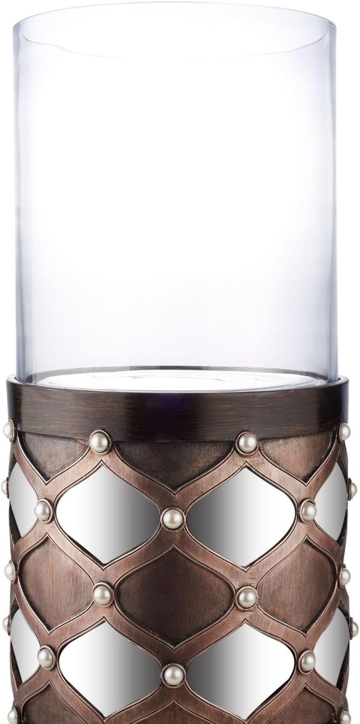 22" Tall Candleholder with Hurricane Glass, Arabesque Mirror Design