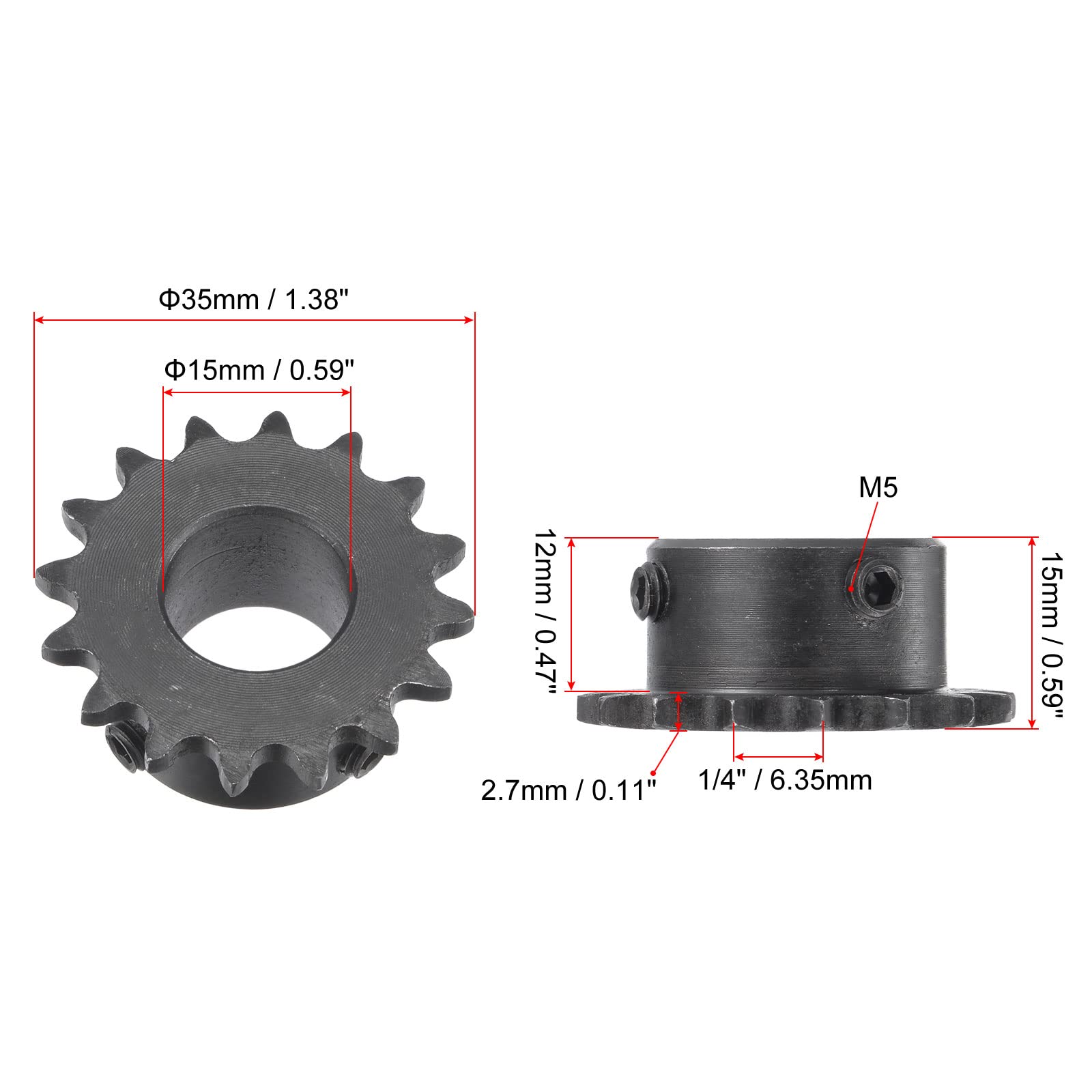 uxcell 16 Tooth Roller Sprocket B Type, #25 Chain, Single Strand 1/4" Pitch, 15mm Bore Black Oxide C45 Carbon Steel with Set Screws for ISO 04C — Amazon image 2
