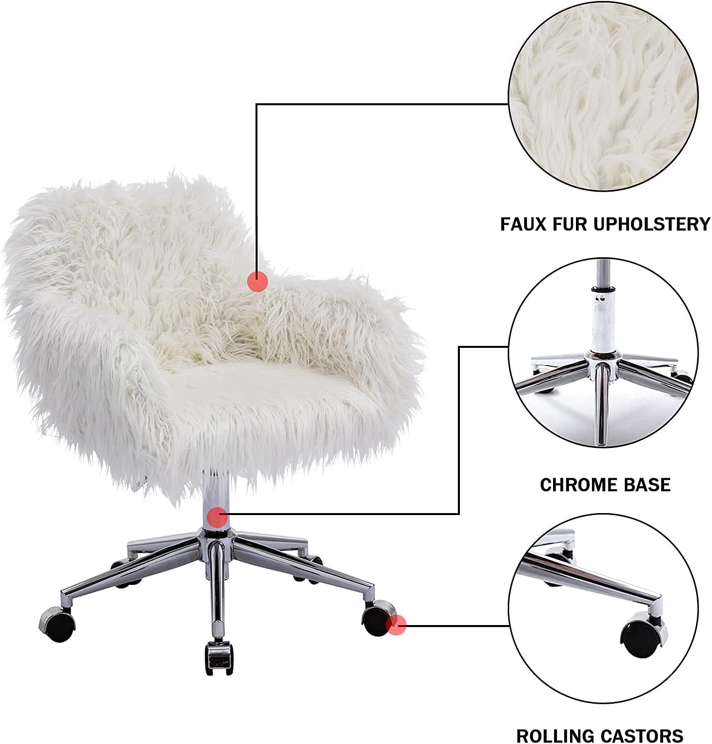 SSLine Faux Fur Vanity Chair Modern White Furry Makeup Desk Chairs for Girls Women Elegant Comfy Upholstered Arm Chair with Rolling Wheels in Bedroom Living Room(White)