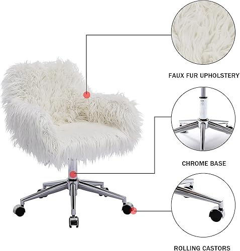Miniatura 5 de SSLine Silla de tocador de piel sintética, moderna silla de escritorio de maquillaje peludo blanco para niñas y mujeres, elegante y cómoda silla