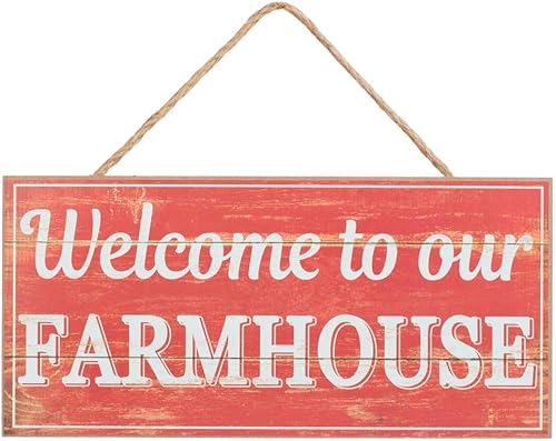 Letrero de madera rojo vintage, 12.5 x 6 pulgadas, Welcome to Our Farmhouse, decoración de puerta delantera de madera envejecida, corona, hogar,
