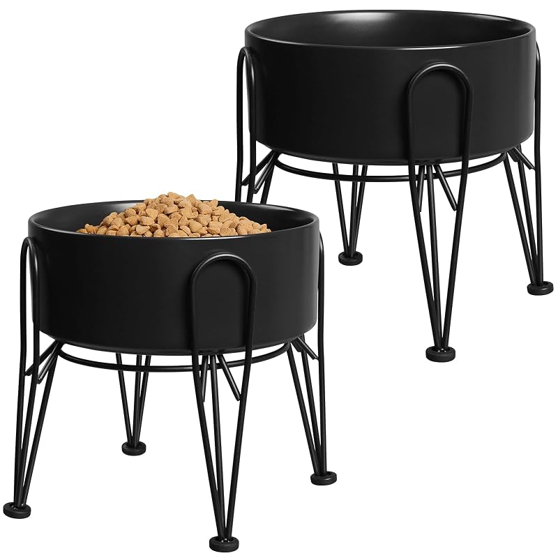 Comedouro Elevado para Cães com Tigelas de Cerâmica e Suporte Metálico Antiderrapante Kitwinney – Pacote com 2