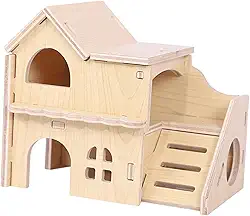 Casa de madeira para hamster, labirinto de madeira, cabana de dois andares para escalar gerbilos anões