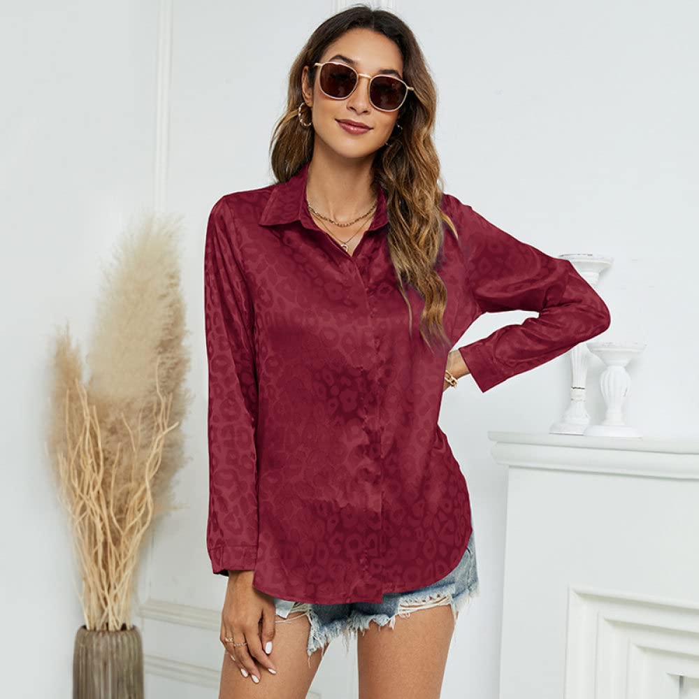 Top Femme,Desserrez Les Manches Longues Col Rabattu Cardigan Dames Blouses Imprimé Claret Femmes Tuniques Printemps Été Décontracté Bureau d'affaires Hauts pour Femmes