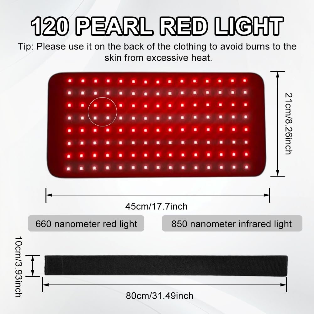 120 LED lampada a luce rossa a infrarossi, cintura terapia, 5 livelli di vibrazione e intensità luminosa, modalità impulso 10 Hz, dispositivo terapeutico a luce rossa a infrarossi, per schiena
