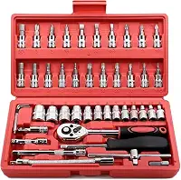 Kit de Ferramentas 46 Peças com Chave Catraca Soquetes e Bits – Conjunto Profissional Cromado Cr-V com Maleta Vermelha Portátil para Reparos Automotivos e Domésticos