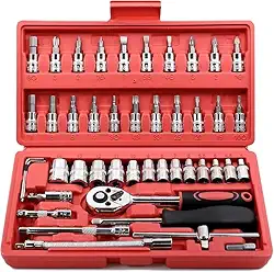 Kit de Ferramentas 46 Peças com Chave Catraca Soquetes e Bits – Conjunto Profissional Cromado Cr-V com Maleta Vermelha Portátil para Reparos Automotivos e Domésticos