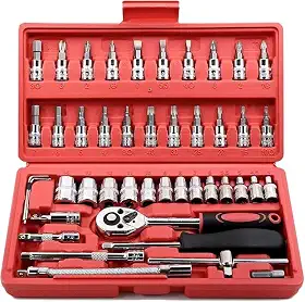 Kit de Ferramentas 46 Peças com Chave Catraca Soquetes e Bits – Conjunto Profissional Cromado Cr-V com Maleta Vermelha Portátil para Reparos Automotivos e Domésticos