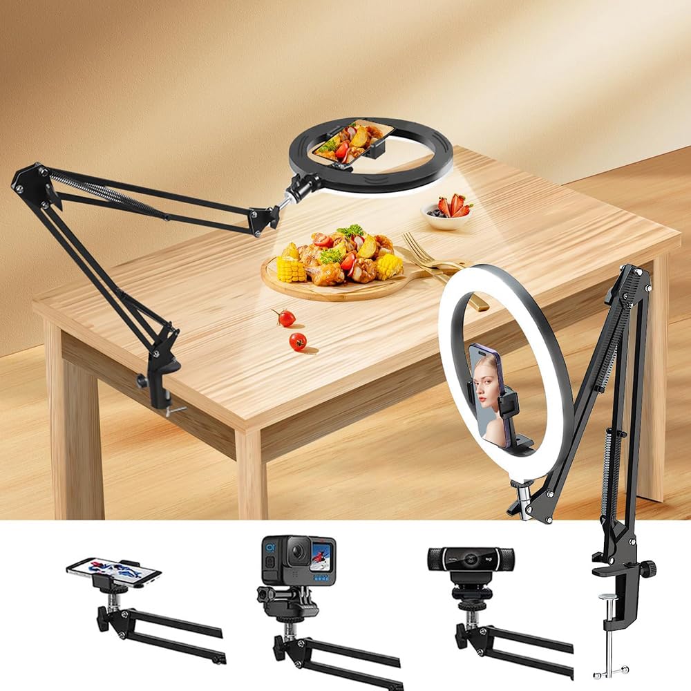 Overhead Camera Mount with 10" Ring Light and Phone Holder for Desk,Phone Mount Arm Stand with Remote for iPhone,Overhead Tripod for Viedo Recording Vlog YouTube TikTok Live Stream Cooking Nail Art