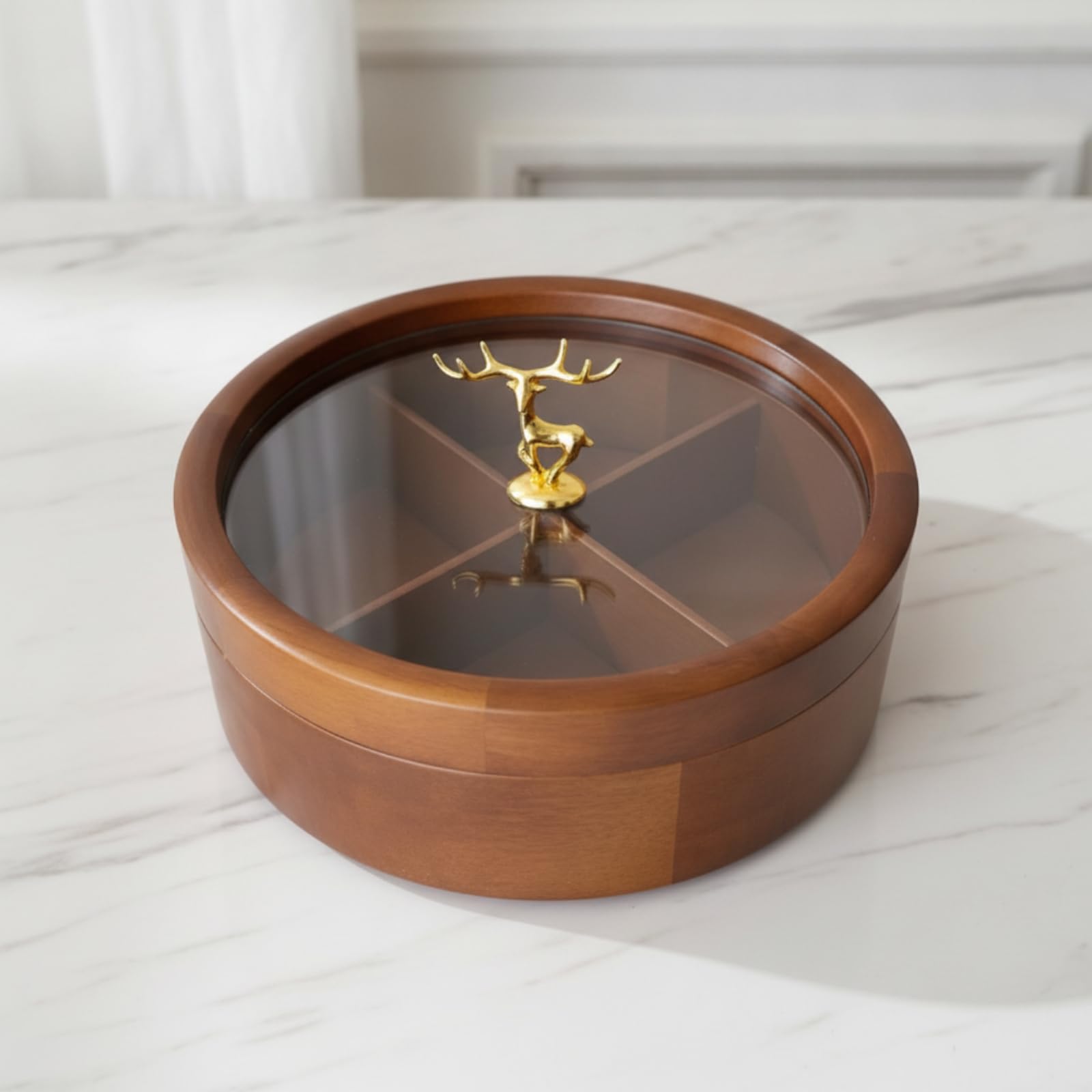 Scatola Rotonda in Legno con Coperchio Trasparente Maniglia Dorata Vassoio Diviso Contenitore Dolcetti Multi Scomparto, Moderno Minimalista, Design A Cinque Scomparti