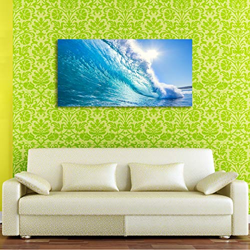 Image of Haichuang Decor Art Framed Ocean Wave Wall Art, 48x24 Inch Large Horizontal Turquoise Sea Canvas Prints, Coastal Beach Nautical Wall Decor for Living Room Bedroom Bathroom Ready to Hang