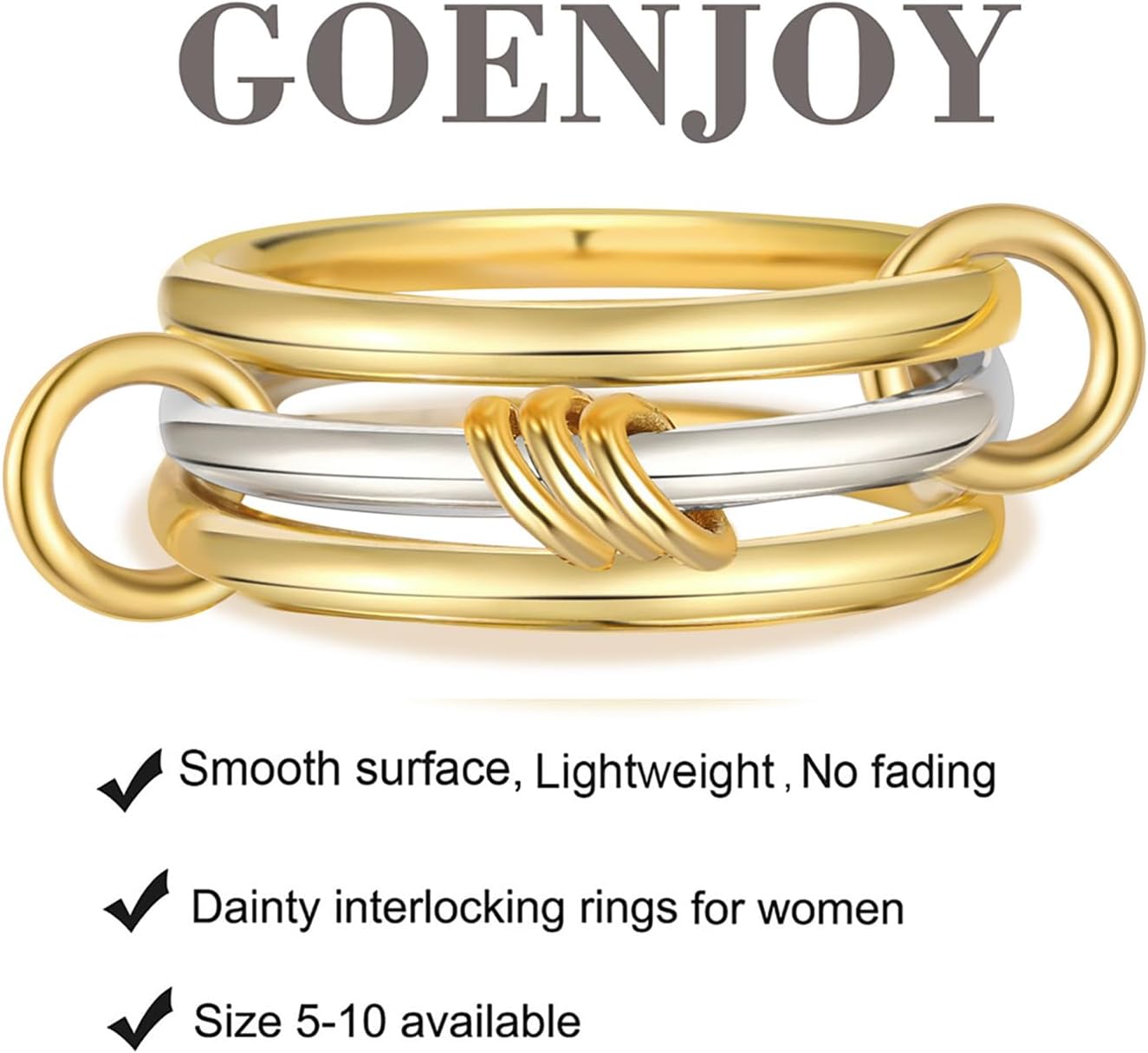 14K Gold Plated Interlocked Stackable Rings for Women, Statement Multi Ring Mixed Metals Stack, Two-Toned interlocking rings Stacking Jewelry - Image 3