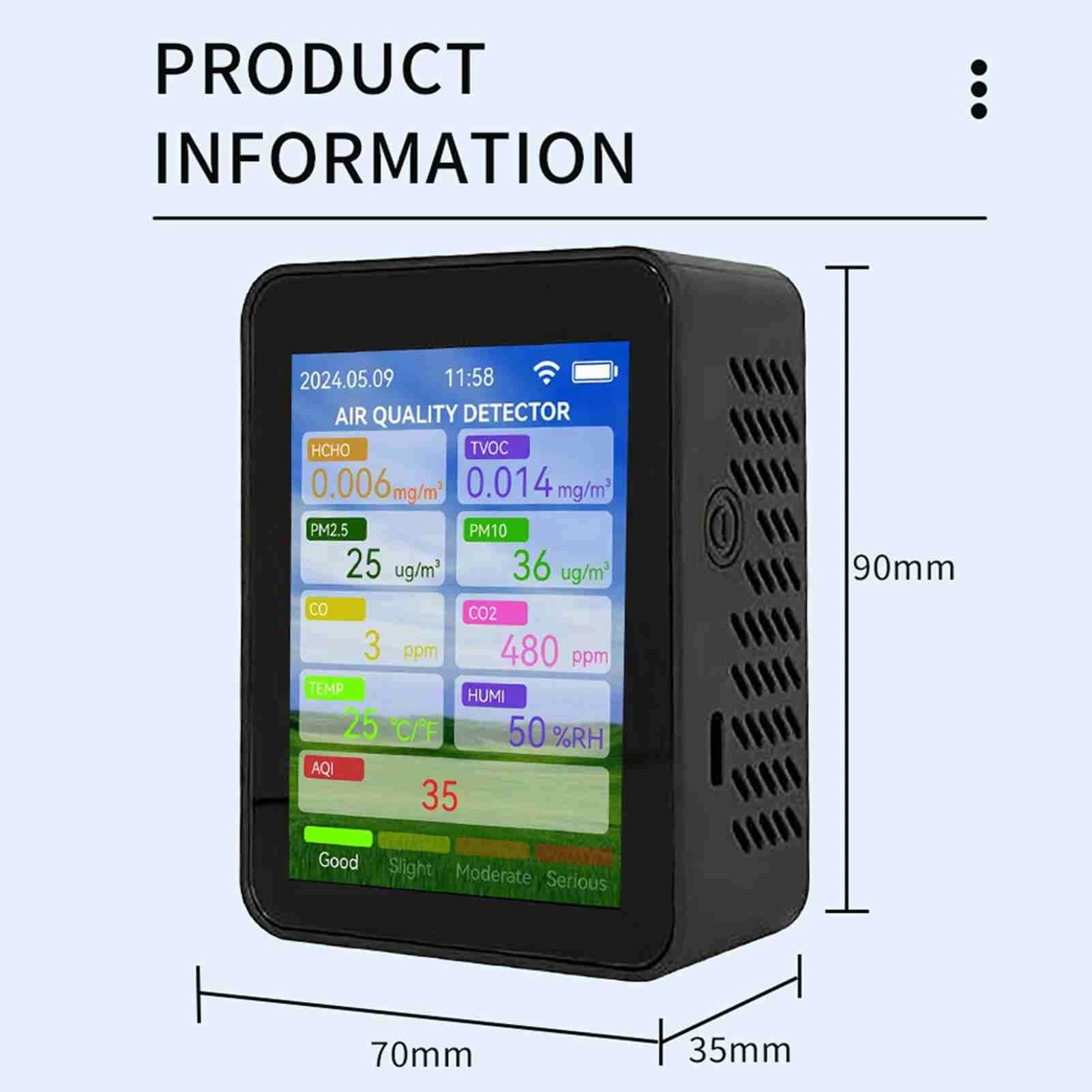 Monitor de co2, Medidor Multifuncional De Calidad del Aire WiFi, Probador Doméstico HCHO TVOC Monóxido Carbono CO2 PM2.5 PM10 para el hogar(Black)
