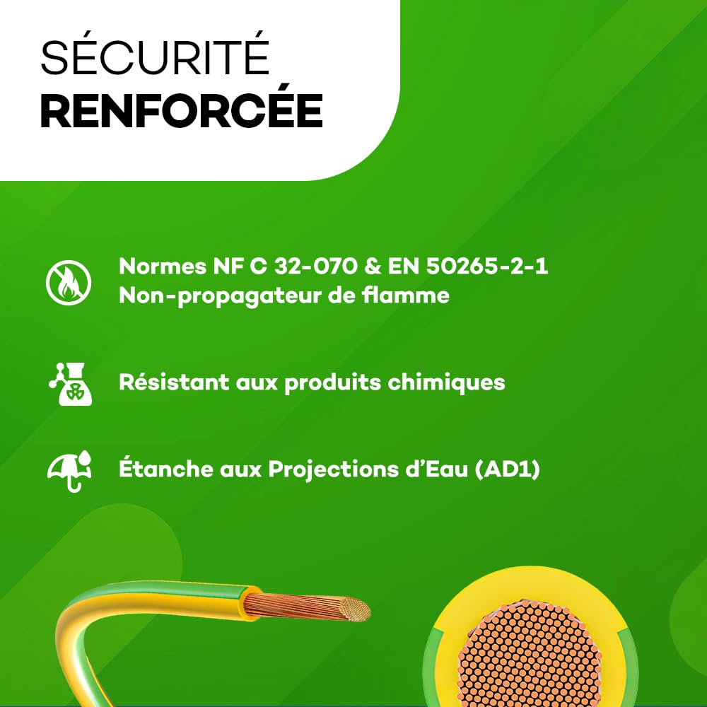 Câble de terre 6mm² - H07V-K Vert/Jaune - Longueur 25m - Souple & Robuste - Spécial Photovoltaïque, Mise à la Terre & Usage Intensif - Résistant Eau, Flammes & Produits Chimiques