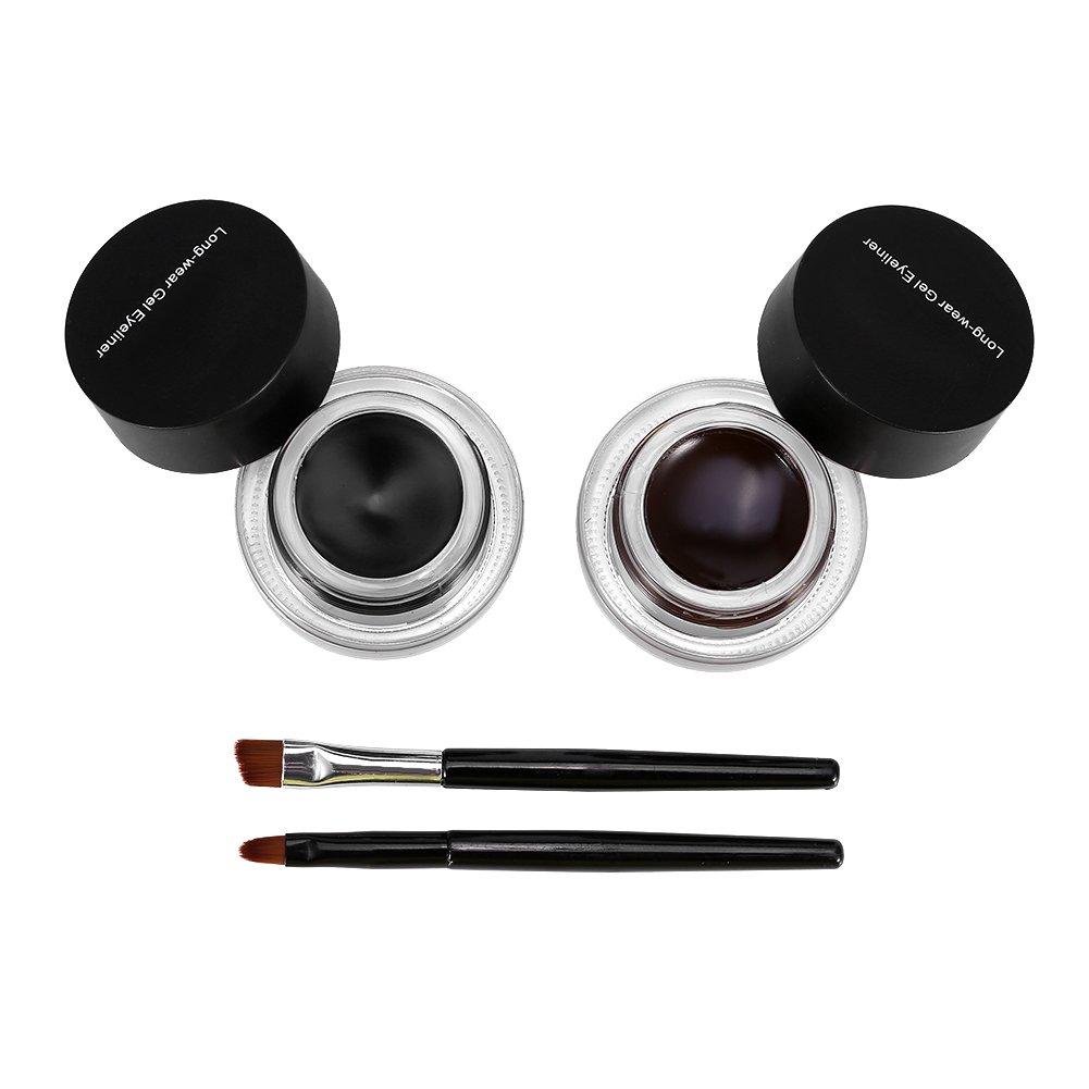 2 botellas de gel de larga duración a prueba de agua, delineador de ojos, maquillaje cosmético con 2pcs cepillo(Negro + marrón)