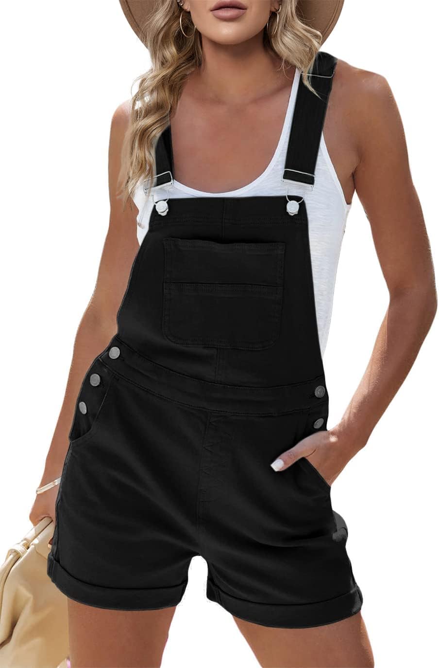 Pretifeel Womens Shorts Overall Bib Adjustable Straps Cuffed Hem Summer Romper Cotton Casual Stretch Jumpsuit