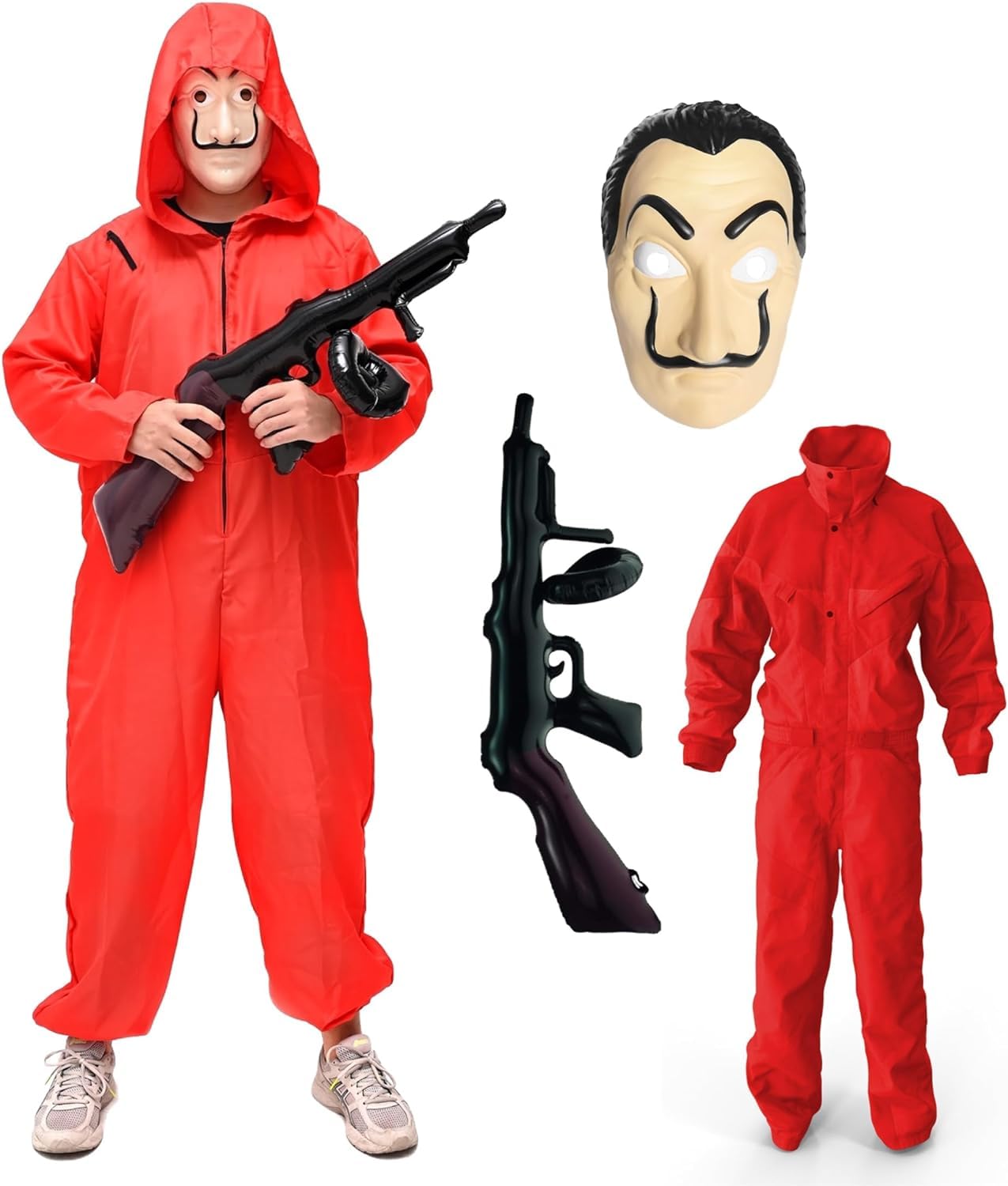 TK Gruppe Timo Klingler Kostimheld® zestaw kostiumowy 3 w 1 - dom pieniędzy dla dorosłych, unisex, z maską Dali Salvador, broń, garnitur na karnawał i Halloween